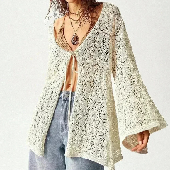 Beige Casual Women's Hollow Out Knitted Cardigan With Flared Sleeves - Picture 7 of 8